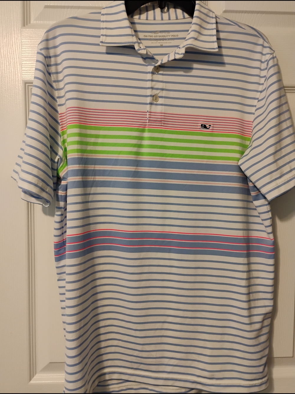 Vineyard Vines White Polo with Light Blue, Neon Green & Pink Stripes